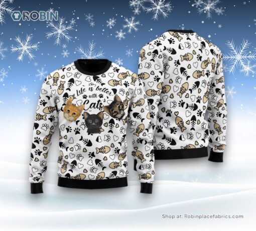 Awesome Cat Sweater Life Is Better With Cats Ugly Christmas Sweater, Christmas Gift For Cat Love