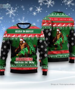 Believe In Bigfoot Squatching Through The Snow Ugly Christmas Sweater, Ugly Sweater For Men And Women