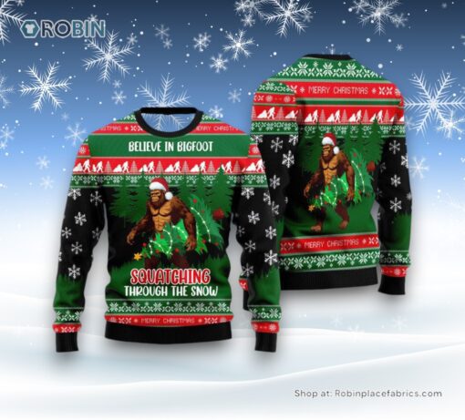 Believe In Bigfoot Squatching Through The Snow Ugly Christmas Sweater, Ugly Sweater For Men And Women