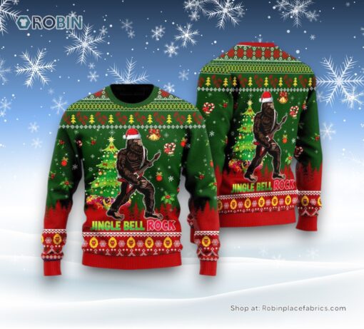 Bigfoot Playing Guitar Jingle Bell Rock Ugly Christmas Sweater, Ugly Sweater For Men And Women