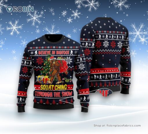 Bigfoot Squats Through The Snow Ugly Christmas Sweater, Ugly Sweater For Men And Women