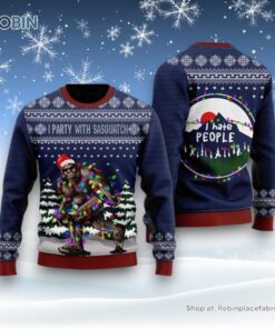 Bigfoot Ugly Sweater, I Party With Sasquatch Camping Pattern Christmas Ugly Sweater, Ugly Sweater For Men And Women