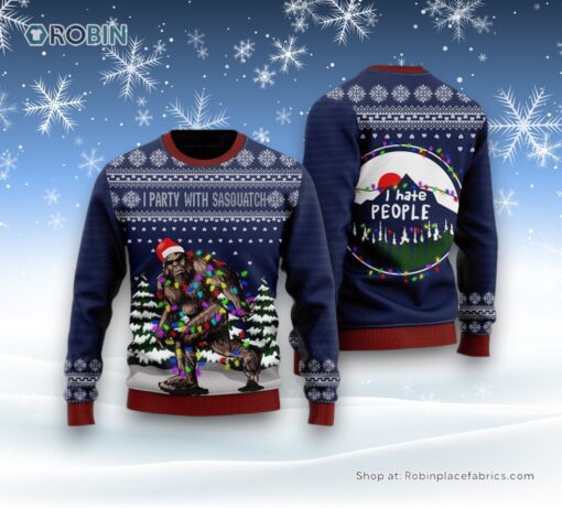 Bigfoot Ugly Sweater, I Party With Sasquatch Camping Pattern Christmas Ugly Sweater, Ugly Sweater For Men And Women