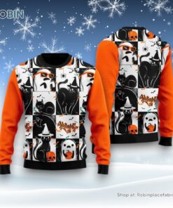 Black Cat and Ghost Halloween Ugly Christmas Sweater, Christmas Gift For Cat Love