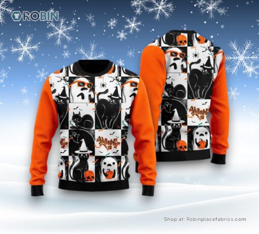 Black Cat and Ghost Halloween Ugly Christmas Sweater, Christmas Gift For Cat Love