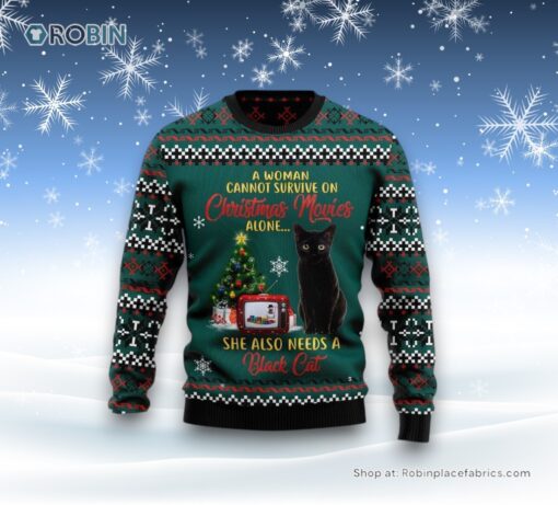 Black Cat Christmas Movie Ugly Christmas Sweater, Christmas Gift For Cat Love