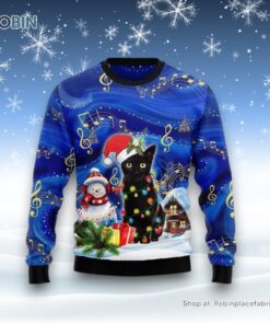 Black Cat Christmas Night Funny Family Ugly Christmas Sweater, Christmas Gift For Cat Love