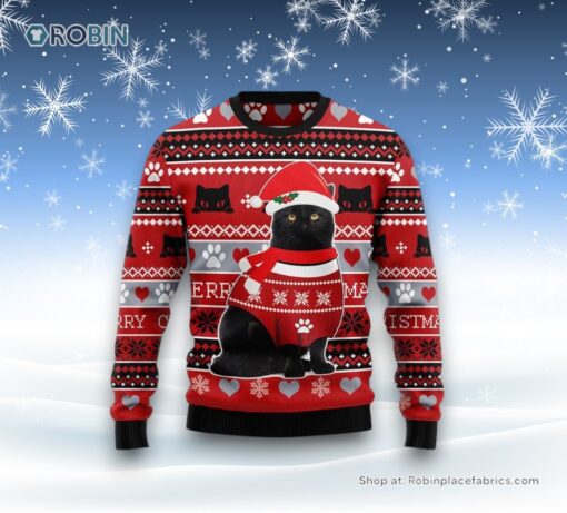 Black Cat Christmas Pattern Ugly Christmas Sweatshirt, Sweater, Christmas Gift For Cat Love
