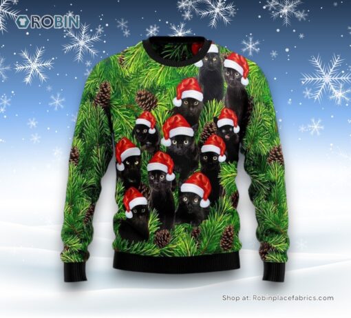Black Cat Christmas Tree Ugly Christmas Sweatshirt, Sweater, Christmas Gift For Cat Love