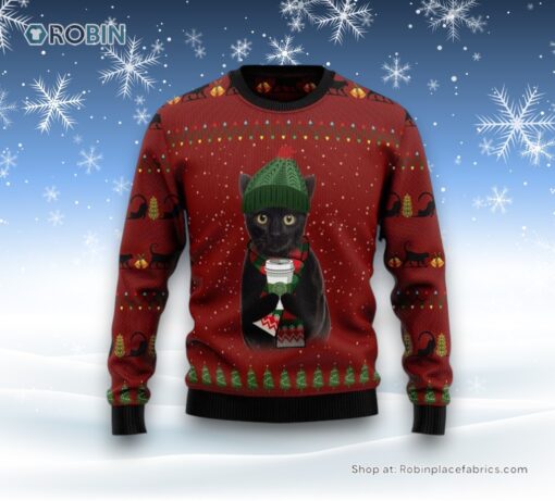 Black Cat Coffee Ugly Christmas Sweater, Christmas Gift For Cat Love