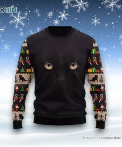 Black Cat Cute Face Ugly Christmas Sweatshirt, Sweater, Christmas Gift For Cat Love