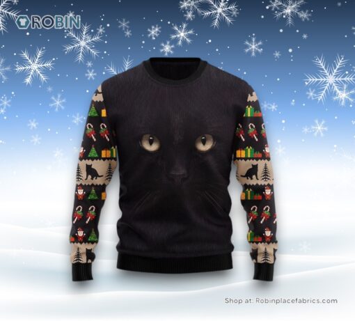Black Cat Cute Face Ugly Christmas Sweatshirt, Sweater, Christmas Gift For Cat Love