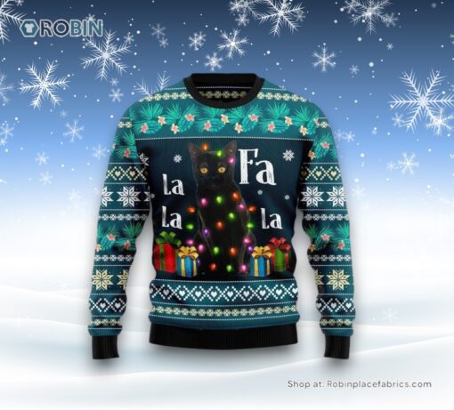 Black Cat Falalala Ugly Christmas Sweater, Christmas Gift For Cat Love