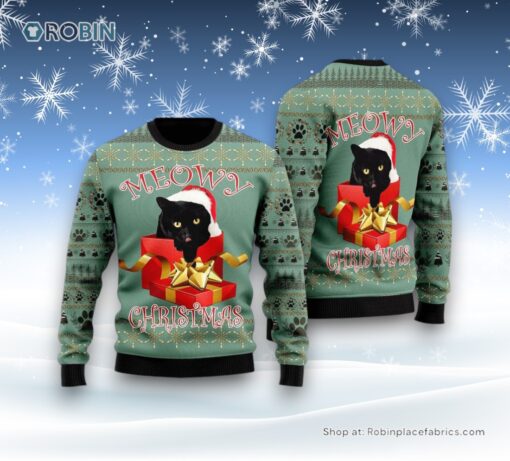 Black Cat Gift Sweater Meowy Christmas Ugly Christmas Sweater, Christmas Gift For Cat Love