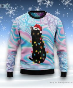 Black Cat Hologram Pattern Ugly Christmas Sweatshirt, Sweater, Christmas Gift For Cat Love