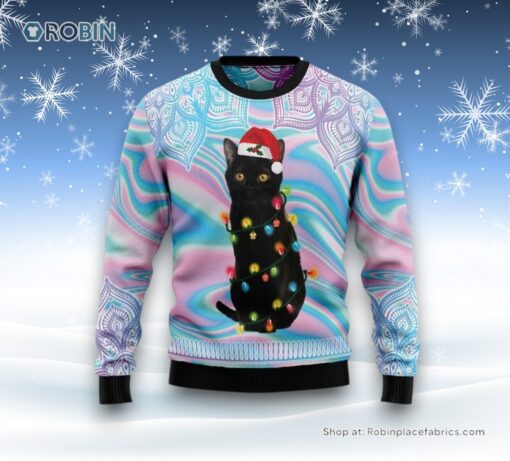 Black Cat Hologram Pattern Ugly Christmas Sweatshirt, Sweater, Christmas Gift For Cat Love