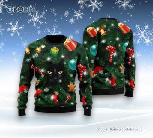 Black Cat Inside Tree Ugly Christmas Sweatshirt, Sweater, Christmas Gift For Cat Love