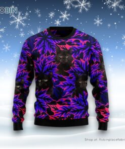 Black Cat Leaves Funny Family Ugly Christmas Sweater, Christmas Gift For Cat Love