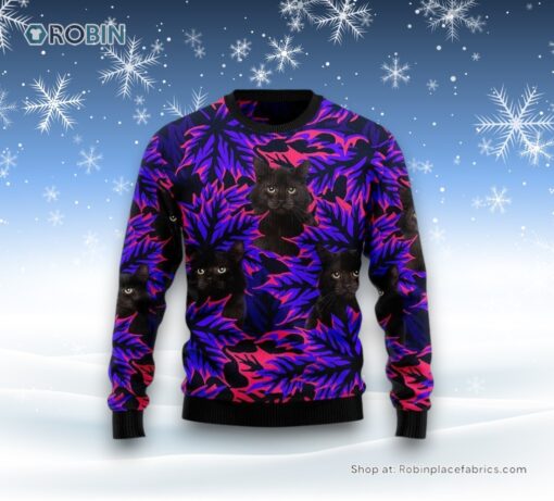 Black Cat Leaves Funny Family Ugly Christmas Sweater, Christmas Gift For Cat Love