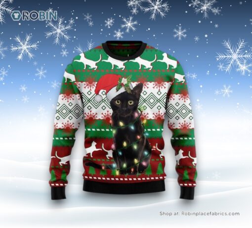 Black Cat Light Christmas Ugly Christmas Sweater, Christmas Gift For Cat Love