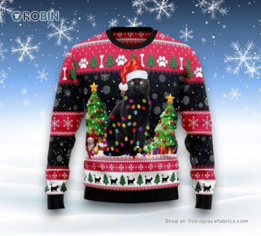Black Cat Light Ugly Christmas Sweater, Christmas Gift For Cat Love