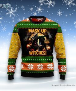 Black Cat Mask Up Witches Ugly Christmas Sweatshirt, Sweater, Christmas Gift For Cat Love