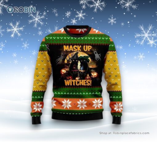 Black Cat Mask Up Witches Ugly Christmas Sweatshirt, Sweater, Christmas Gift For Cat Love