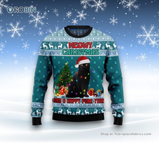 Black Cat Meomy Christmas And A Happy Purr Year Ugly Christmas Sweater, Christmas Gift For Cat Love