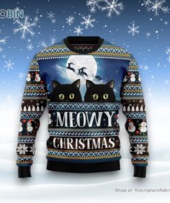 Black Cat Meowy Christmas Ugly Christmas Sweater, Christmas Gift For Cat Love