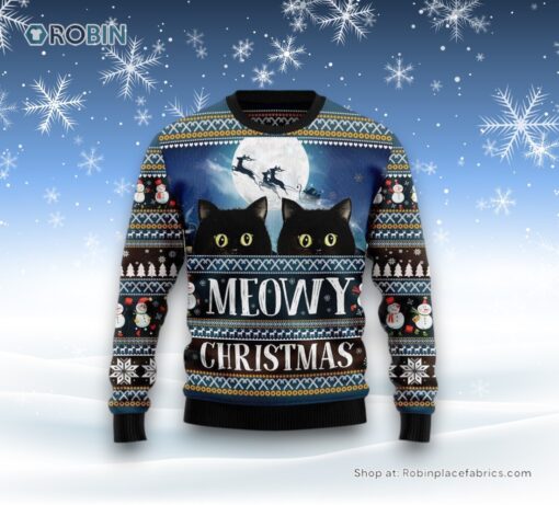 Black Cat Meowy Christmas Ugly Christmas Sweater, Christmas Gift For Cat Love