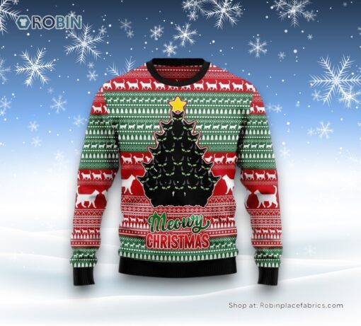 Black Cat Meowy Ugly Christmas Sweatshirt, Sweater, Christmas Gift For Cat Love