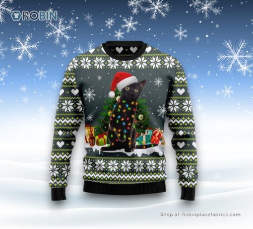 Black Cat Merry And Bright Ugly Christmas Sweatshirt, Sweater, Christmas Gift For Cat Love