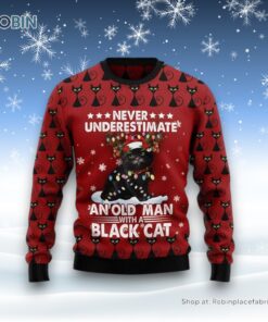 Black Cat Old Man Ugly Christmas Sweatshirt, Sweater, Christmas Gift For Cat Love