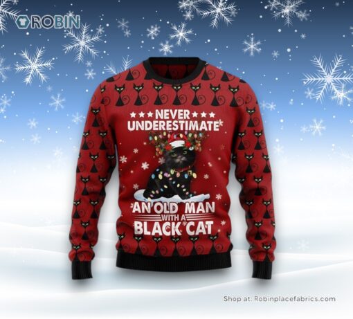 Black Cat Old Man Ugly Christmas Sweatshirt, Sweater, Christmas Gift For Cat Love