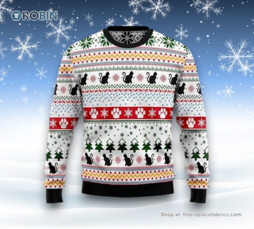Black Cat Pattern Ugly Christmas Sweater, Christmas Gift For Cat Love