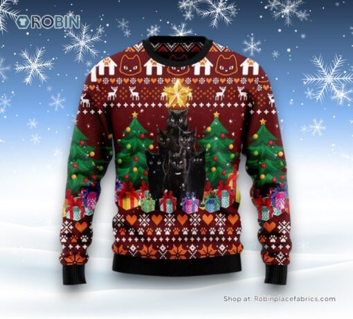 Black Cat Pine Tree Ugly Christmas Sweatshirt, Sweater, Christmas Gift For Cat Love