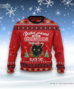 Black Cat Rockin Funny Family Ugly Christmas Sweater, Christmas Gift For Cat Love
