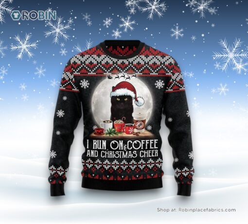 Black Cat Run On Coffee Ugly Christmas Sweatshirt, Sweater, Christmas Gift For Cat Love