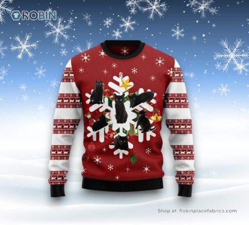 Black Cat Snowflake Ugly Christmas Sweater, Christmas Gift For Cat Love