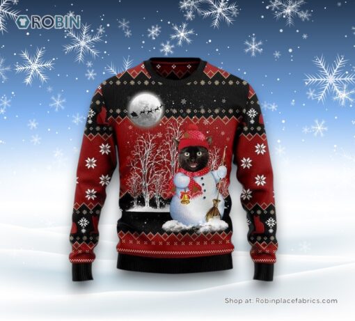 Black Cat Snowman Ugly Christmas Sweater, Christmas Gift For Cat Love