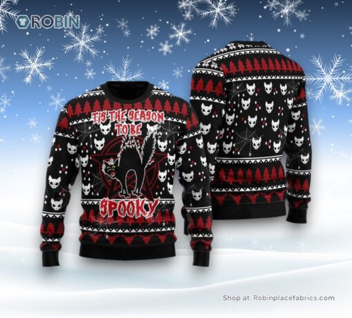 Black Cat Spooky Halloween Ugly Christmas Sweater, Christmas Gift For Cat Love
