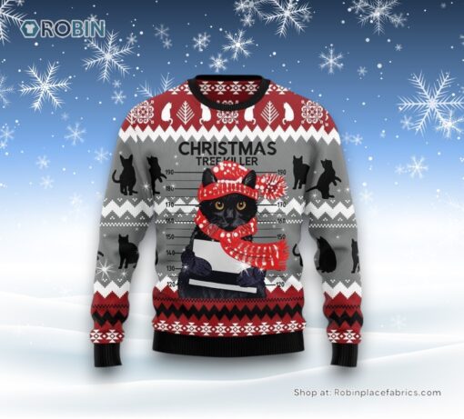Black Cat Tree Killer Ugly Christmas Sweater, Christmas Gift For Cat Love