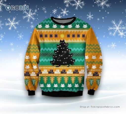 Black Cat Tree Meowy Ugly Christmas Orange Sweater, Christmas Gift For Cat Love