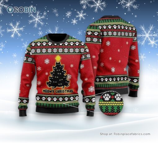 Black Cat Tree Meowy Ugly Christmas red Sweater, Christmas Gift For Cat Love