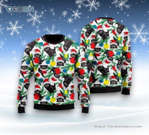 Black Cat With Xmas Balls Ugly Christmas Sweater, Christmas Gift For Cat Love
