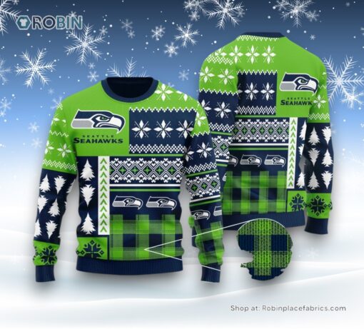 Blue Green Pattern Seattle Seahawks Christmas Gift Ugly Sweater and Sweatshirt