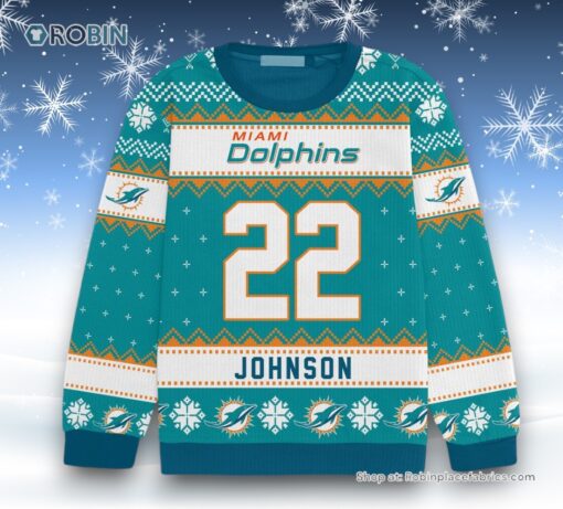 Blue Miami Dolphins Christmas Gift Custom Number And Name Ugly Sweater and Sweatshirt