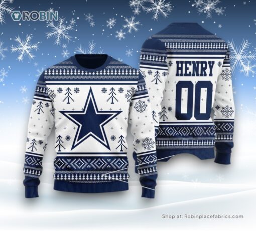 Blue Star Dallas Cowboys Christmas Gift Custom Number And Name Ugly Sweater and Sweatshirt