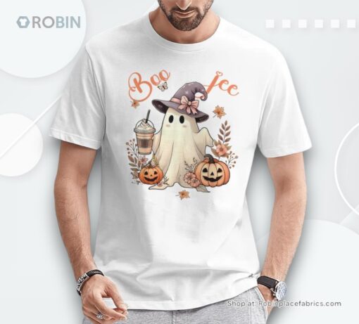 Boo Jee Ghost Drinking Coffee Coquette Bow Halloween Women Shirt