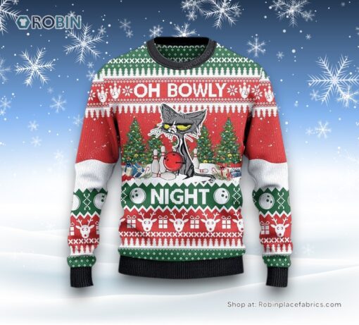 Bowling Lovers Gift Oh Bowly Night Grumpy Cat Sweater, Christmas Gift For Cat Love